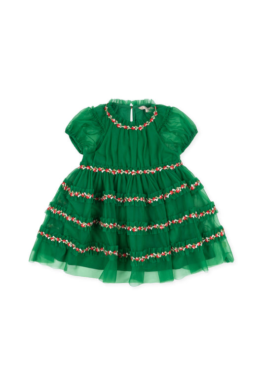 Joelle Embroidered Short Puff Sleeves Flowers Tulle Dress Green