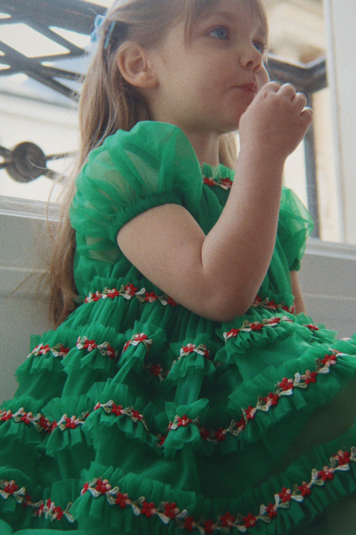 Joelle Embroidered Short Puff Sleeves Flowers Tulle Dress Green