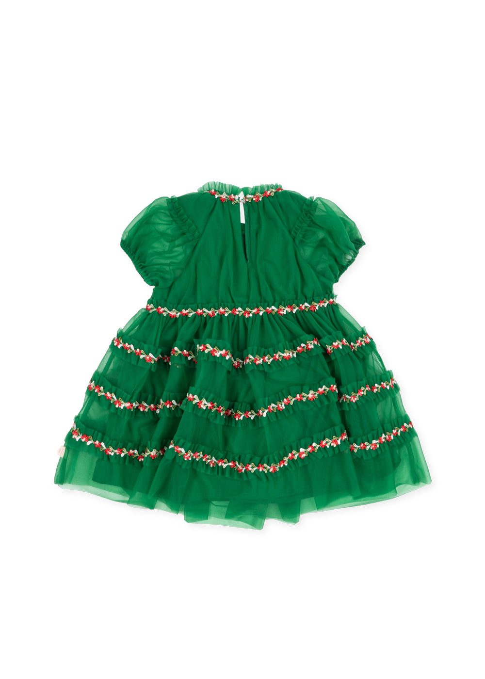Joelle Embroidered Short Puff Sleeves Flowers Tulle Dress Green