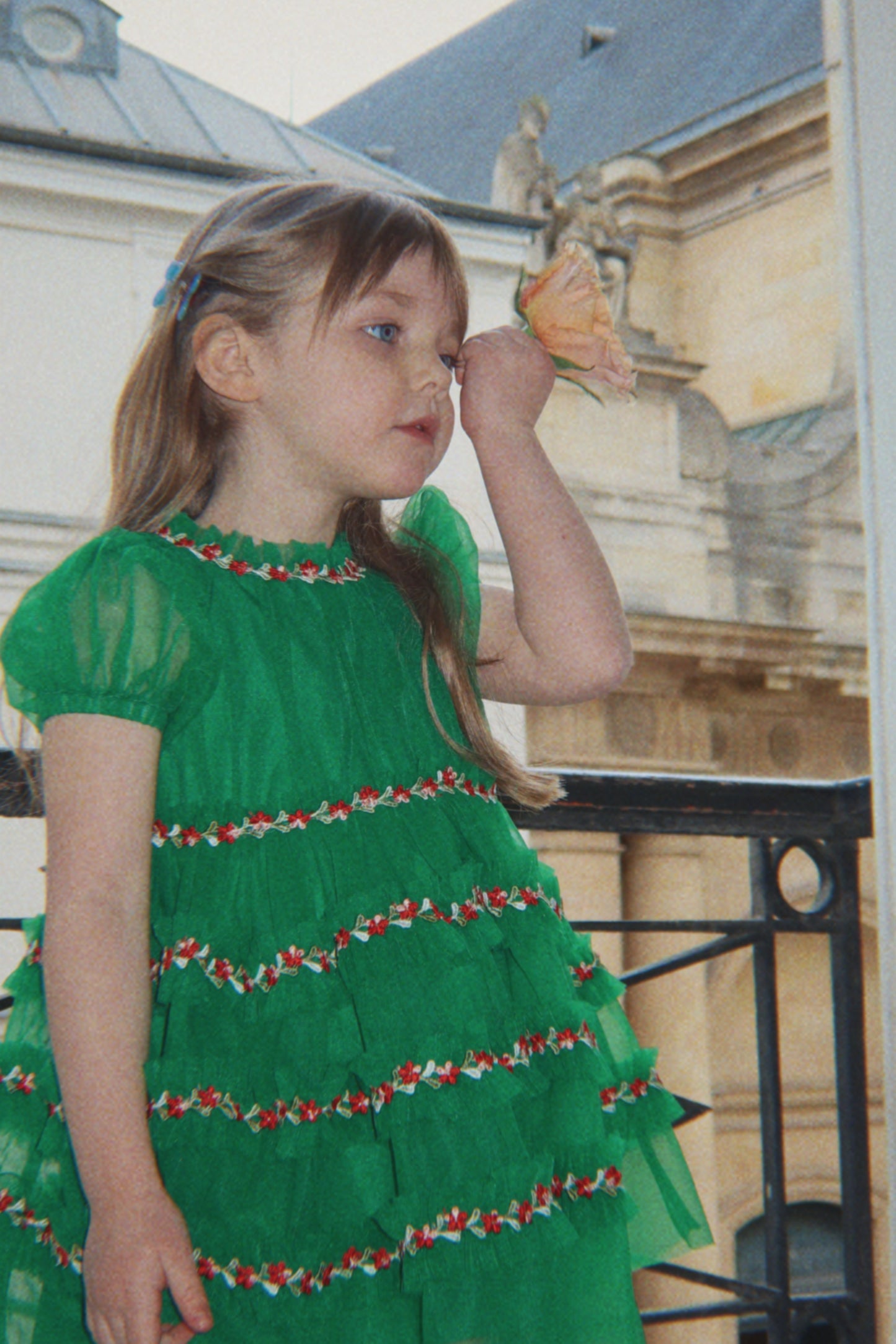 Joelle Embroidered Short Puff Sleeves Flowers Tulle Dress Green