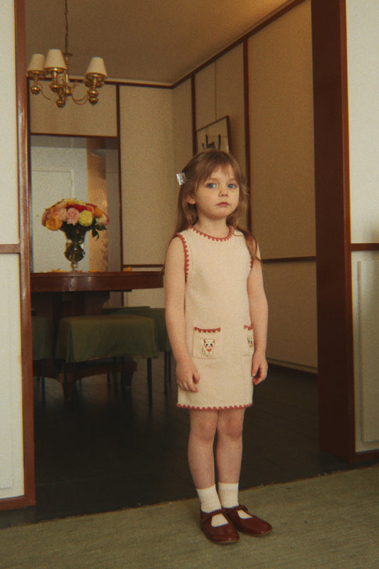 Konges Sløjd Collette Cream Cat Embroidered Kids Wool Dress