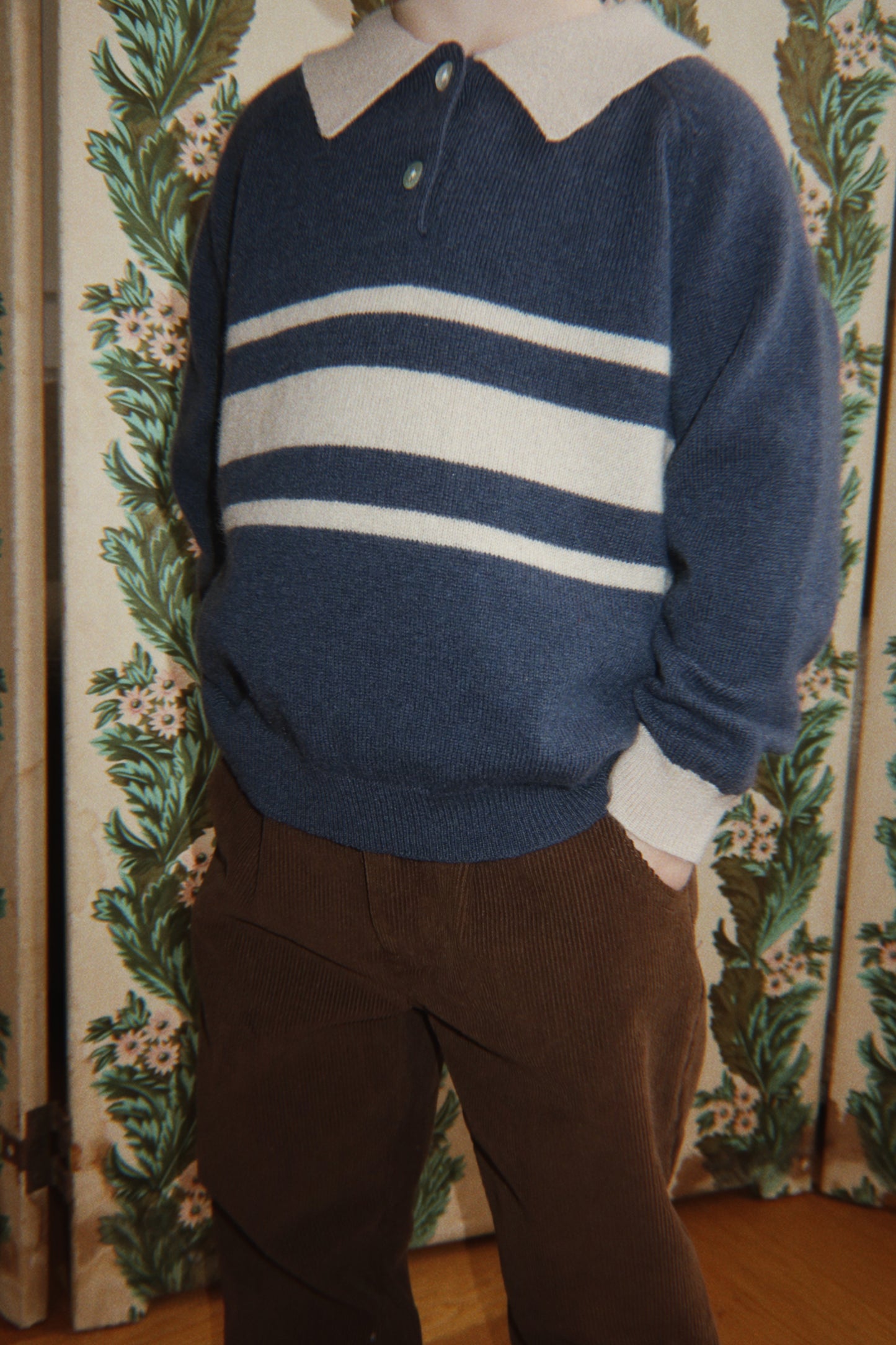 Konges Sløjd Basi Polo Knit Sweater Navy Blue Cream Striped