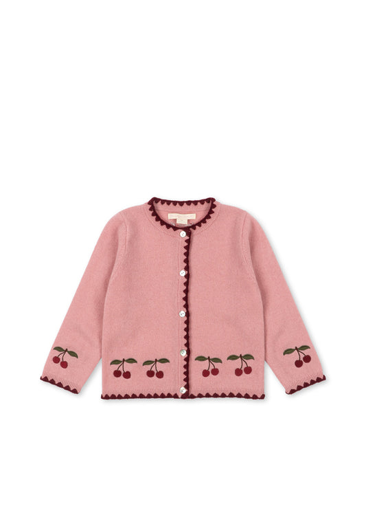 Konges Sløjd Girls' Collette Wool Cardigan Pink Cherry Embroidered Knit Pale Blush