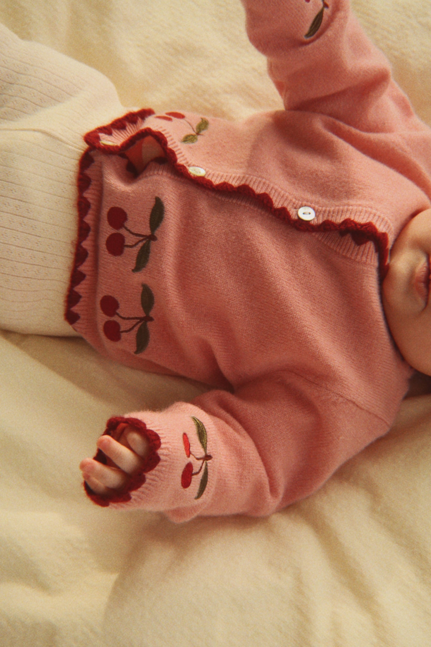 Konges Sløjd Girls' Collette Wool Cardigan Pink Cherry Embroidered Knit Pale Blush