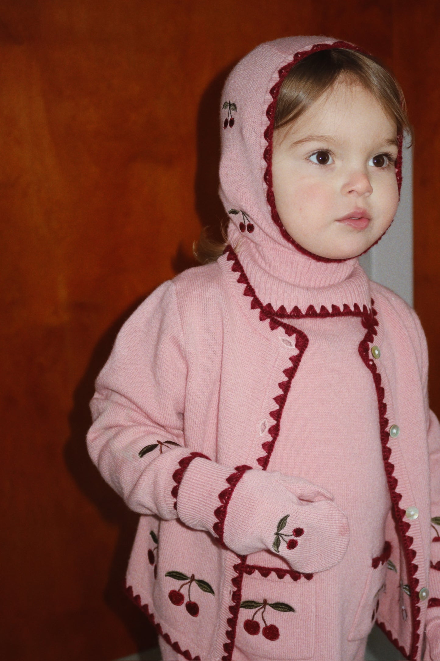 Konges Sløjd Girls' Collette Wool Cardigan Pink Cherry Embroidered Knit Pale Blush