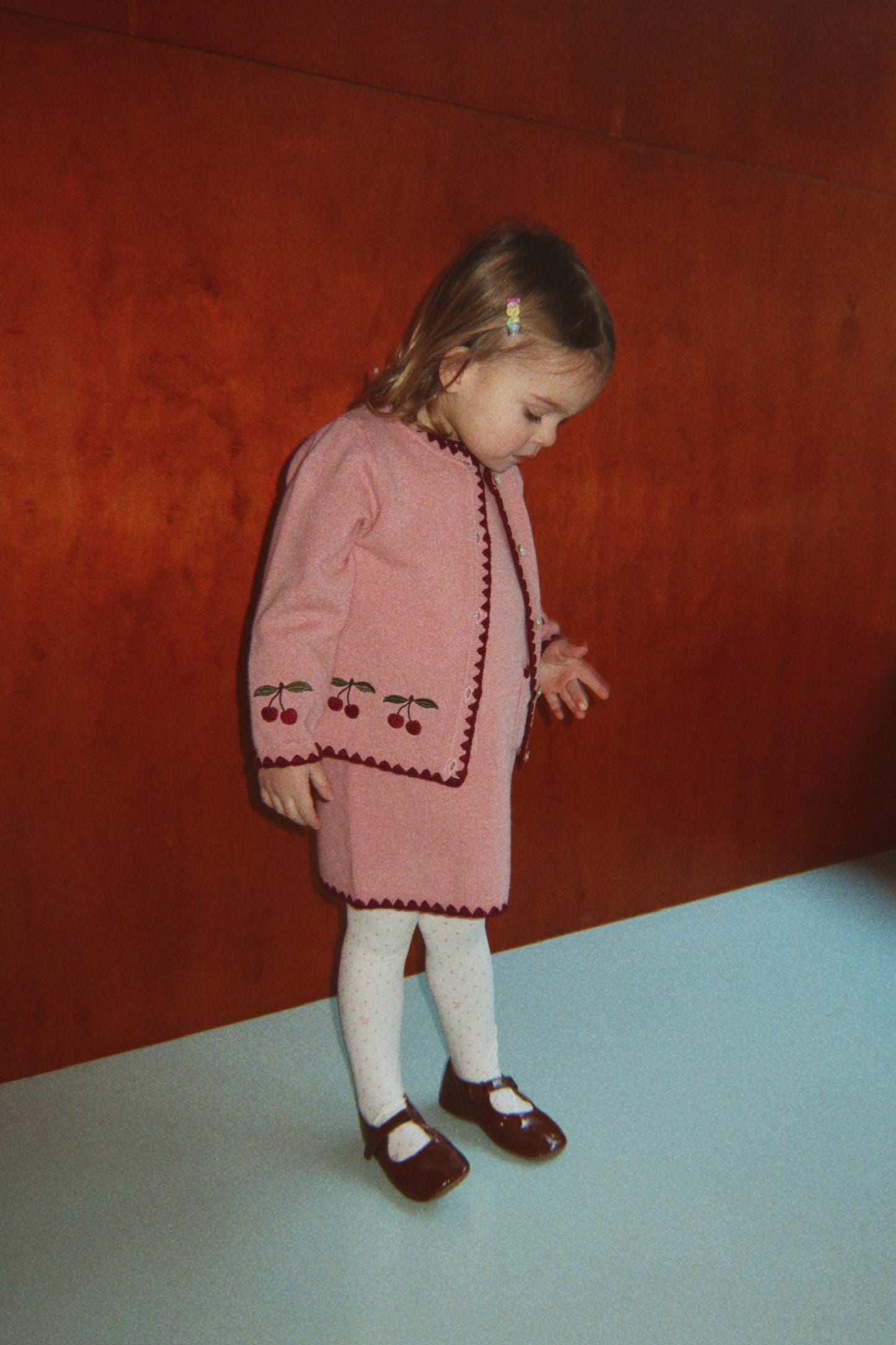 Konges Sløjd Girls'  Collette Dress Cherry Embroidered Knit Pale Blush