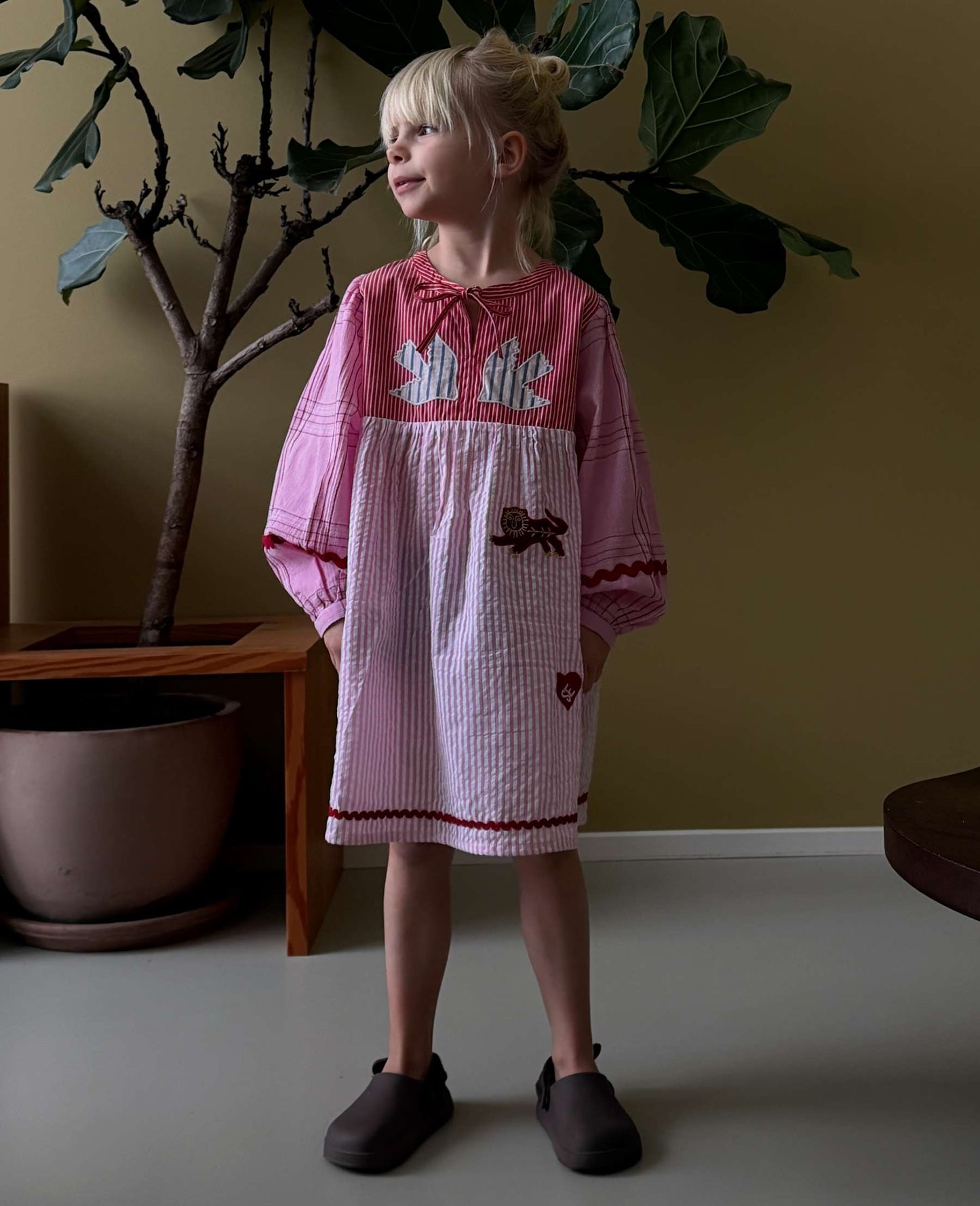 Sissel Edelbo Gaia MINI Pink Patchwork Seersucker Long Sleeve Dress Rose Mix