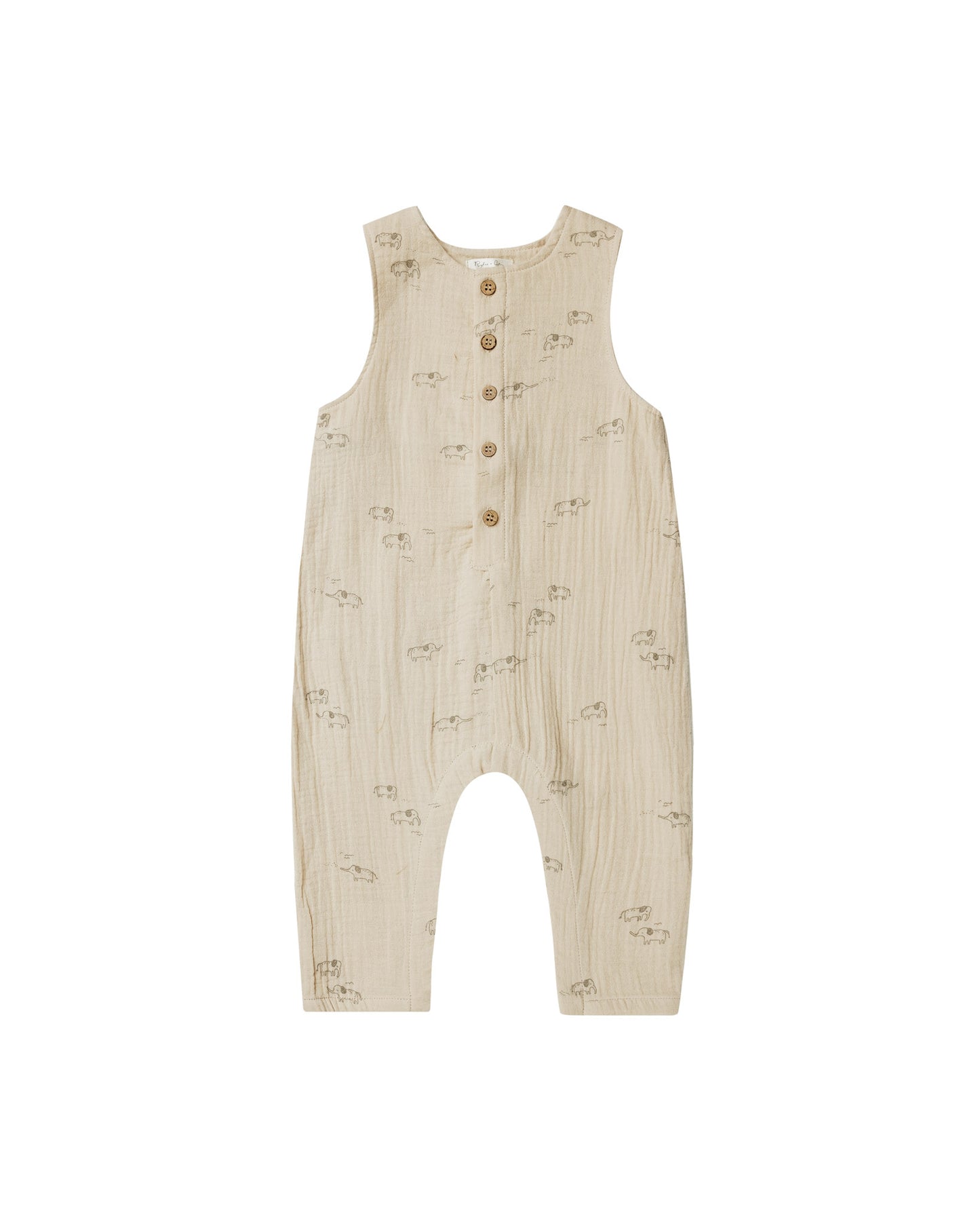 Baby Summer Button Cotton Sleeveless Jumpsuit Elephants Printed Beige