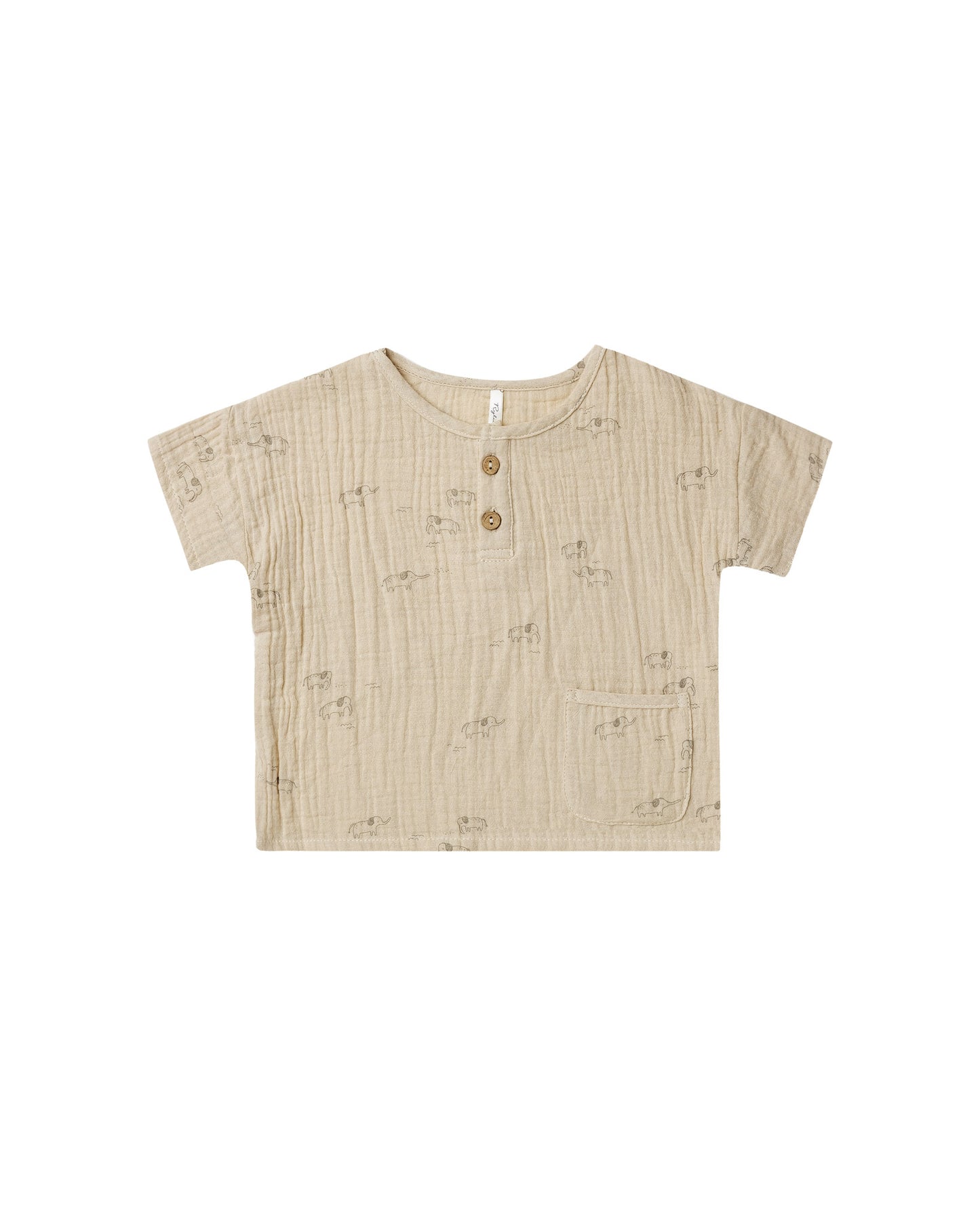 Woven Henley Short Sleeves Cotton T-Shirt Elephants Natural