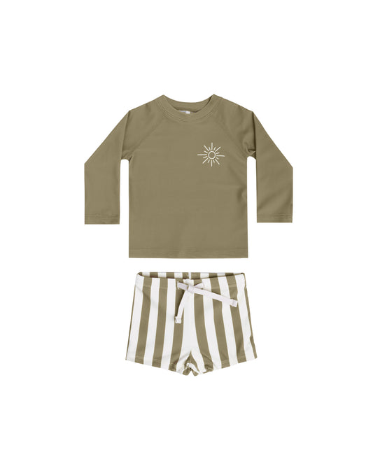 Rash Guard Boy Swimwear Set Olive Stripe