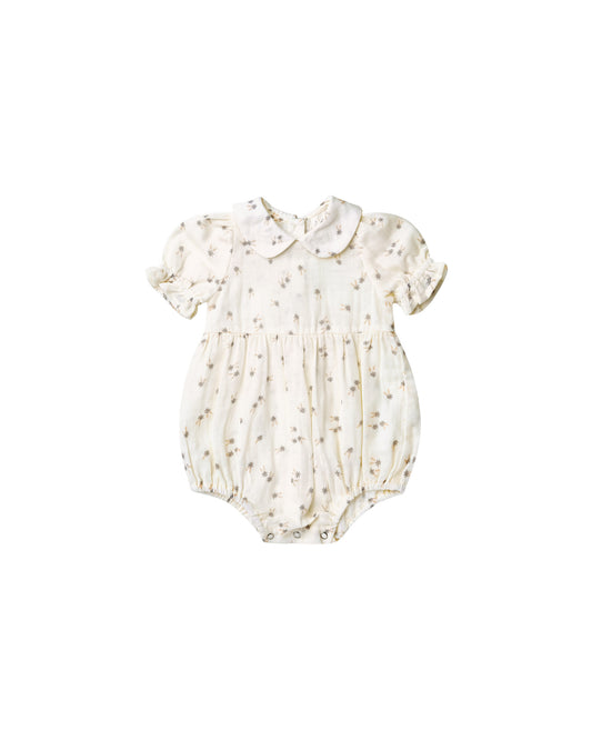 Baby Collar Short Sleeves Gracie Romper Blue Daisy Printed Ivory